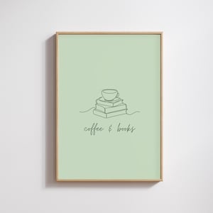 Kaffee und Bücher digitale Wandkunst, Minimalistische Kaffee und Bücher Geschenk für Kaffee- und Buchliebhaber, Salbeigrün Küchendekor