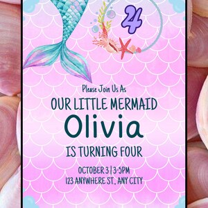 Turning FOUR Mermaid Birthday Invitation - Editable Canva Template | Mermaid Beach Fourth Birthday Theme | Instant Download