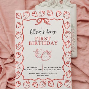 Berry FIRST Strawberry Birthday Invitation - Editable Canva Template | Strawberry Berry First Birthday Theme | Instant Download
