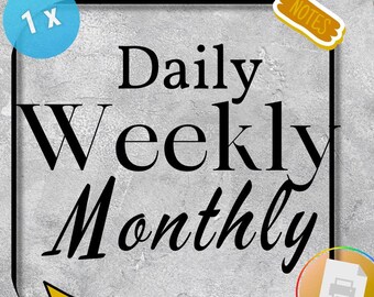 Planificador diario, semanal y mensual, organizador de horarios imprimible en PDF, diseño minimalista oscuro, descarga instantánea.