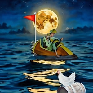 May include: A digital illustration of a person in a green outfit steering a small yellow and brown boat with a red flag on a dark blue ocean under a large full moon. A white chicken stands on a wooden barrel floating in the water in the foreground.