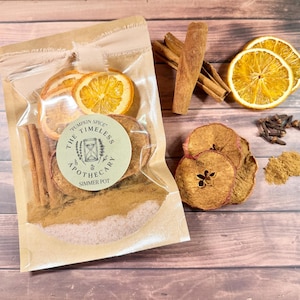 Op de afbeelding: Een doorzichtige plastic zak met een pompoenkruidenmix voor een sudderpot, inclusief gedroogde sinaasappelschijfjes en kaneelstokjes. Een rond etiket vermeldt THE TIMELESS APOTHECARY PUMPKIN SPICE SIMMER POT. Losse kaneelstokjes, sinaasappel, appel en kruidnagels liggen ernaast.