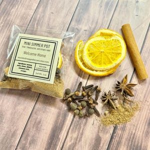 May include: A clear bag of mini simmer pot ingredients with a label that reads "Welcome Home." The ingredients include dried orange slices, a cinnamon stick, star anise, cloves, and other spices. The net weight is 113 grams.