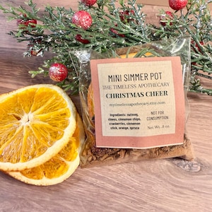 May include: A clear plastic pouch labeled MINI SIMMER POT THE TIMELESS APOTHECARY CHRISTMAS CHEER containing nutmeg, cloves, cinnamon chips, cranberries, cinnamon stick, orange, and spruce, with a net weight of .8 oz.