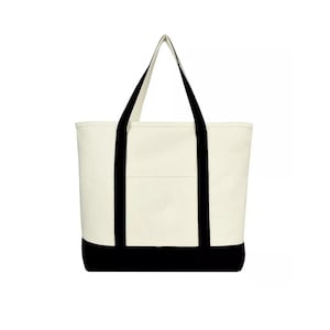 Black Zipper Canvas Tote Bag with Pocket Durable Cotton Shoulder Bag, Custom Tote for Groceries.