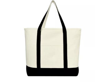 Black Zipper Canvas Tote Bag with Pocket Durable Cotton Shoulder Bag, Custom Tote for Groceries.