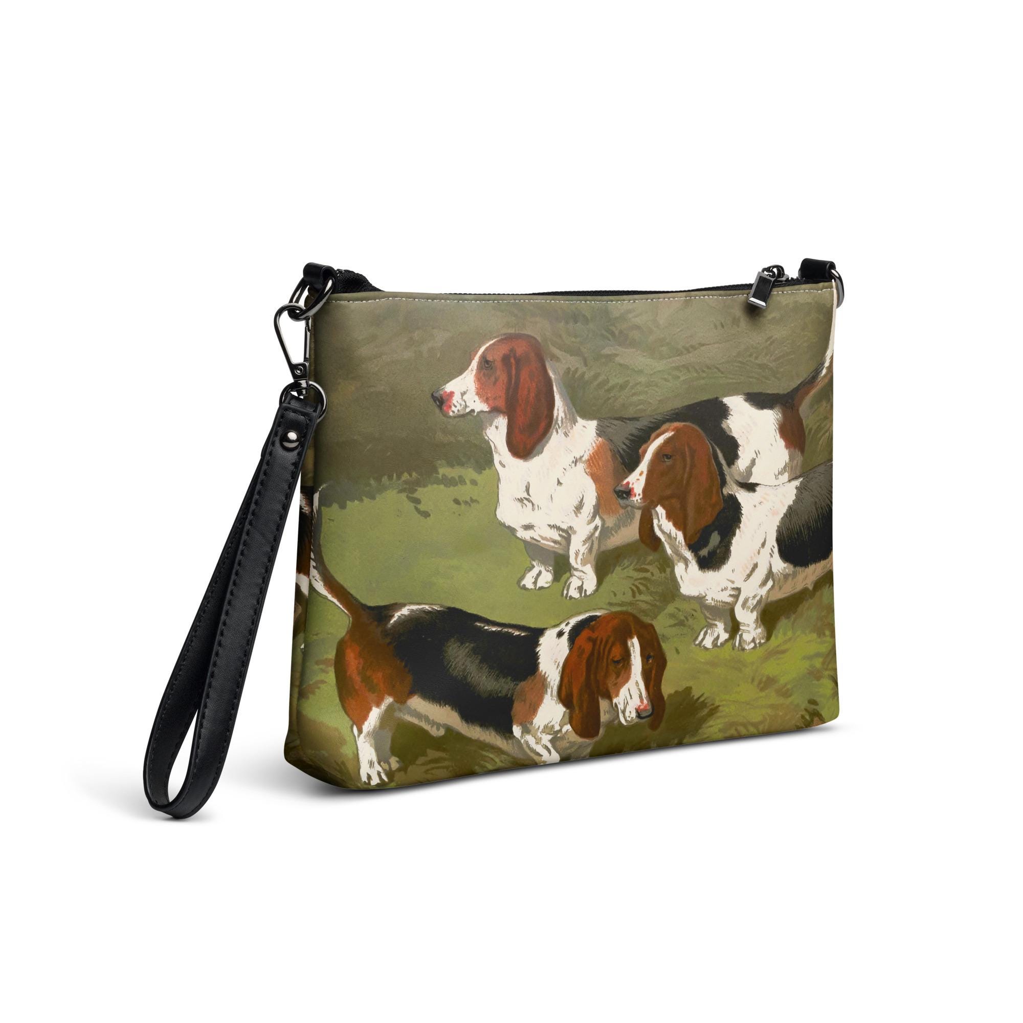 Crossbody Bag with Basset Hounds Vintage Painting Print – Cute Dog Purse for Women, Gift Idea, Casual Everyday Shoulder Bag