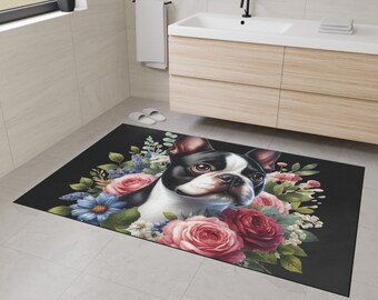 Floral Dog Art Floor Mat: Boston Terrier, Pet-Friendly Home Decor