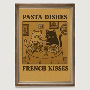 Lustiges Katzen Paar Wandkunst, Süßer Pasta Abendessen Druck, Romantisches Katzen Poster Partner Geschenk, Französische Feline Überraschung für Katzenliebhaber, Spaghetti Date