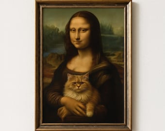 Mona Lisa Holding Cat Digital Print, Famous Painting with Feline Twist, Funny Classic Wall Art, Renaissance Parody Poster, Da Vinci Portrait