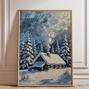 Winter Cabin in Snowy Forest Digital Print, Cozy Log House Wall Art, Snowy Cabin Landscape Poster, Winter Wonderland Decor, Digital Download
