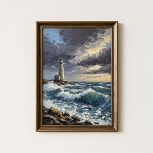 Coastal Lighthouse Wall Art Print, Crashing Waves Seascape Painting, Nautical Home Decor, Rocky Ocean Coastline Landscape, Instant Download