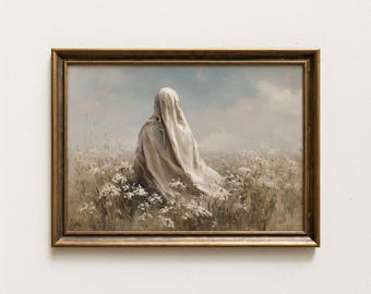 Veiled Woman in Wildflower Field Print, Impasto Oil Painting, Ethereal Meadow Landscape Wall Art, Neutral Creamy Floral Aesthetic Decor Gift
