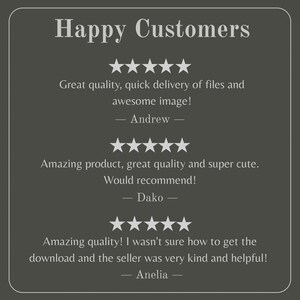 May include: A dark gray graphic featuring the text Happy Customers at the top, followed by three sets of five white stars. Each set is accompanied by a customer review from Andrew, Dako, and Anelia, praising the quality and service provided.