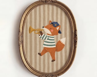 Fox Playing Trumpet Print, Whimsical Woodland Animal Wall Art, Vintage Nursery Decor, Playful Kids Room Artwork, Musical Forest Illustration