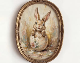 Easter Bunny Egg Oil Painting Print, Vintage Rabbit Nursery Wall Art, Whimsical Kids Playroom Decor, Newborn Baby Shower Gift, Home Gallery