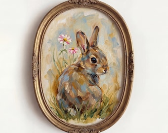 Whimsical Bunny Art Print, Vintage Rabbit Oil Painting, Brown Woodland Animal Poster, Meadow Flowers Nursery Decor, Rustic Cottagecore Gift