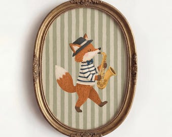 Fox Playing Saxophone Print, Kids Room Animal Wall Art, Whimsical Jazz Nursery Decor, Playful Child Illustration, Anthropomorphic Portrait