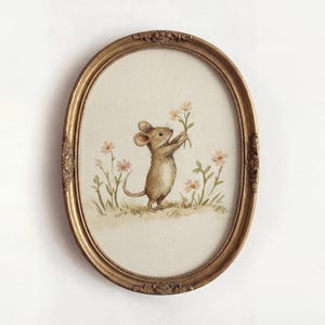 Arte mural caprichoso de ratón para guardería, ratón de campo marrón con flores, impresión digital en acuarela, pintura de animales del bosque, decoración infantil estilo cottagecore