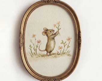 Whimsical Nursery Mouse Wall Art, Brown Field Mouse with Flowers Watercolor Digital Print, Woodland Animal Painting, Cottagecore Kids Decor