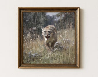 Lámina artística de puma gruñendo, pintura al óleo de león de montaña feroz, decoración de pradera de puma agresivo, póster de ilustración digital de la naturaleza del felino salvaje