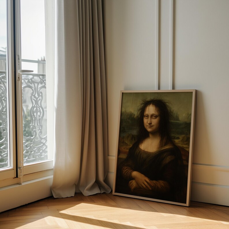 May include: A framed rectangular wall art print featuring a portrait of a person with long dark hair, wearing a dark brown garment, set against a landscape background. The artwork is displayed in a thin, light-colored wooden frame.