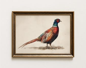 Op de afbeelding: Een ingelijst aquarel van een fazant. De vogel heeft een iriserende blauwgroene kop, een felrode oogvlek en een lange, slanke staart. Het lichaam vertoont een gevlekt bruin, oranje en zwart verenkleed. De lijst is goudkleurig.