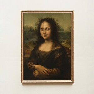 May include: A framed portrait painting featuring a person with long, dark, messy hair and a subtle smile, wearing a dark brown garment. The background depicts a muted landscape with rolling hills and a winding path, all enclosed in a thin, metallic frame.