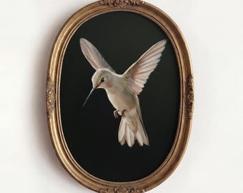 Graceful Hummingbird Oil Painting, Vintage Bird Wall Art, Moody Dark Neutral Decor, White Flying Animal Digital Print, Antique Nature Poster