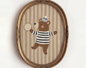 Bear Playing Tambourine Print, Nursery Wall Art Decor, Vintage Animal Illustration, Cute Toddler Bedroom Gift, Boy Playroom Aesthetic