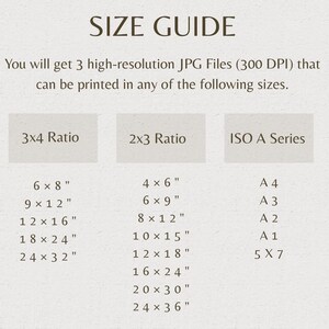 May include: A size guide chart with dark brown text on a light background. It lists three high-resolution JPG files at 300 DPI. Columns include 3x4 Ratio, 2x3 Ratio, and ISO A Series with specific dimensions in inches and standard A-series paper sizes.