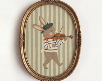 Bunny Playing Violin Print, Kids Room Wall Art, Cute Animal Decor, Child Nursery Illustration, Playful French Country Style Decor, Kids Gift