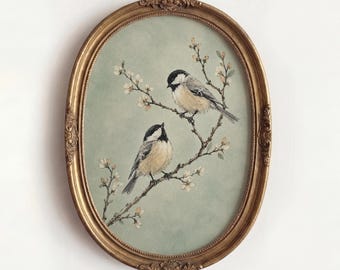 Chickadee Birds Print, Vintage Songbird Painting, Botanical Branch Artwork, Antique Bird Illustration, Floral Branch Wall Art, Oval Artwork