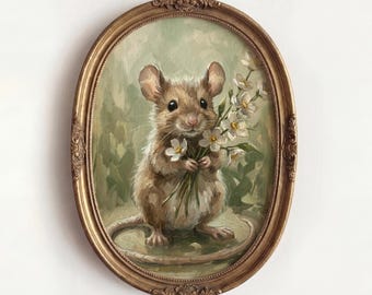 Whimsical Mouse with Flowers Digital Print, Brown Field Animal Oil Painting, Woodland Nursery Wall Art, Cottagecore Decor, Kids Room Gift