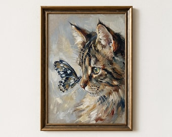 Kitten with Butterfly Art Print, Tabby Cat Oil Painting, Impressionist Fluffy Pet Portrait, Whimsical Feline Wall Decor, Cute Nursery Animal