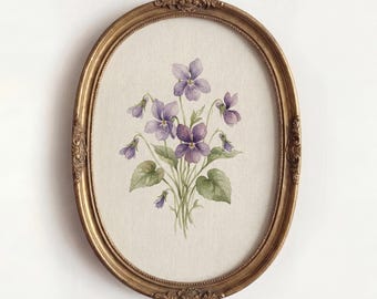 Violet Botanical Digital Print, Antique Purple Floral Wall Art, Vintage Shabby Chic Illustration, Cottagecore Oval Poster, Countryside Decor