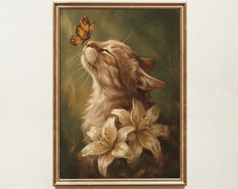 Whimsical Ginger Cat Butterfly Print, Cottagecore Lily Flower Art, Vintage Aesthetic Feline Poster, Nature Inspired Tabby Kitten Wall Decor