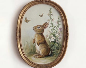 Cute Bunny Rabbit Oil Painting, Vintage Woodland Kids Wall Decor, Antique Floral Forest Nursery Art, Toddler Bedroom Print, Baby Shower Gift