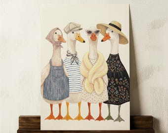 Quirky Duck Print, Vintage Farm Animal Wall Art, Elegant Bird Illustration, French Country Chic Home Decor, Whimsical Outfit Digital Poster