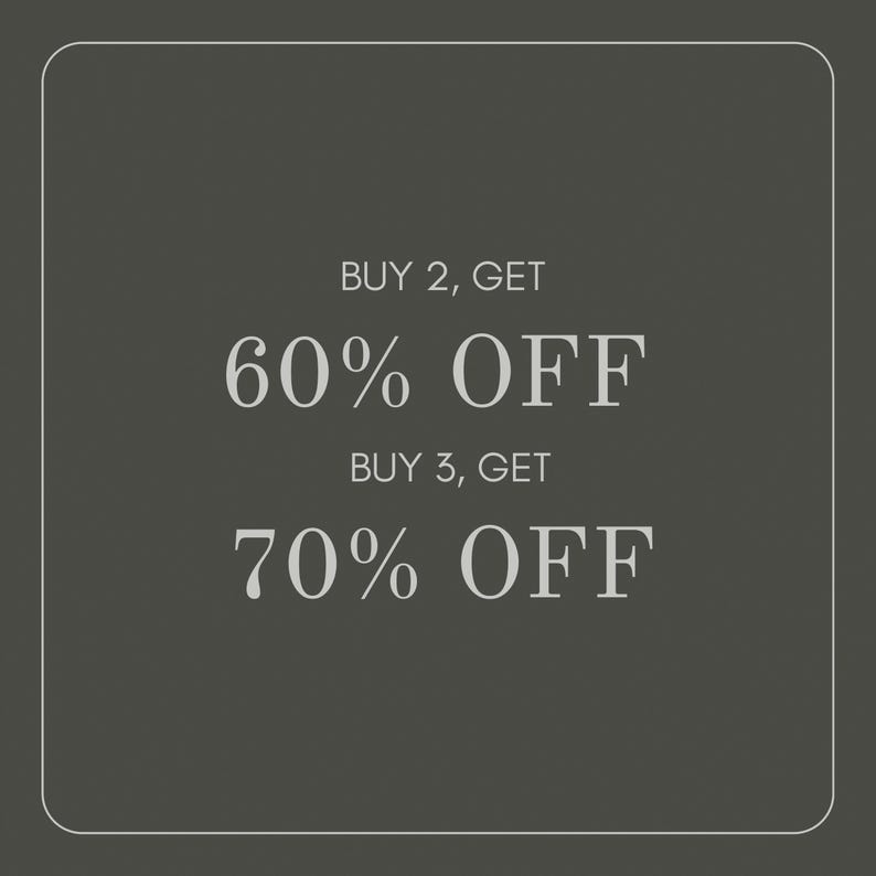 May include: A dark gray square graphic with rounded corners featuring white text that reads: BUY 2, GET 60% OFF and BUY 3, GET 70% OFF. The design uses a clean, centered layout with a thin white border framing the entire promotional announcement.