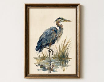 Blue Heron Bird Watercolor Print, Coastal Wildlife Art, Marsh Nature Wall Decor, Great Egret Illustration, Minimalist Animal Digital Poster
