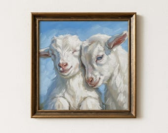 Baby Goats Oil Painting, Twin Goat Kids Nursery Wall Art, Cute Farmhouse Animal Portrait, White Goat Poster, Rustic Decor, Digital Download