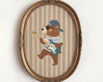 Rocker Bear Playing Guitar Print, Cute Nursery Wall Art, Music Kids Room Decor, Playful Baby Shower Boy Gift, Cool Animal Digital Poster