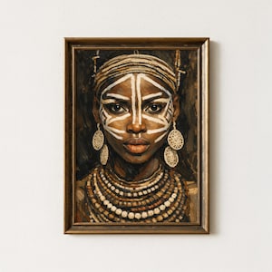May include: A framed portrait of a person with dark skin, adorned with white tribal face paint. The person wears beaded necklaces and earrings. The artwork is in a gold-colored frame, set against a white background.