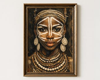 Tribal African Woman Art Print, Afrocentric Female Portrait, Textured Oil Painting, Ethnic Cultural Wall Decor, Traditional Heritage Poster