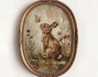 Curious Bunny & Butterfly Print, Vintage Rabbit Oil Painting, Muted Woodland Meadow Wall Decor, Antique Floral Forest Nature, Whimsical Gift