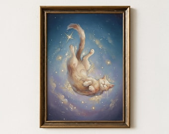 Dreamy Cream Cat in Starry Space: Whimsical Pale Tabby Celestial Wall Art, Ethereal Floating Kitten Painting for Nursery or Fantasy Decor