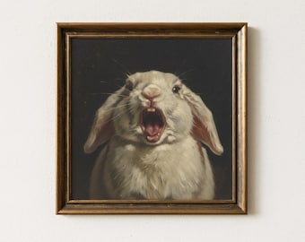 Olieverfschilderij schreeuwend wit konijn, expressionistische rare dierenkunst, Dark Academia Gothic decor, maximalistische haas print, humeurige konijn poster