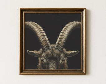 Humeurige steenbok geit hoorns olieverfschilderij print, rustieke alpenmuur decor, boerderij dierenkunst, vintage poster gehoornde zoogdier, esthetiek wildernis