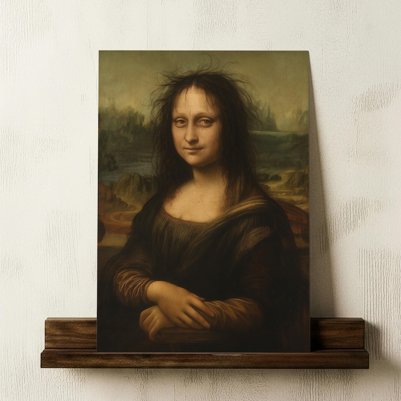 May include: A rectangular wall art print featuring a portrait of a person with long, dark, messy hair and a neutral expression, wearing a dark brown garment. The background depicts a muted landscape with hills and water in shades of brown and green.